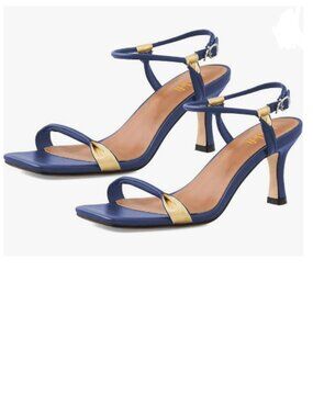 miss left Navy Open Square Toe Strappy Sandals Mid Heel Pumps Ankle Strap Shoes